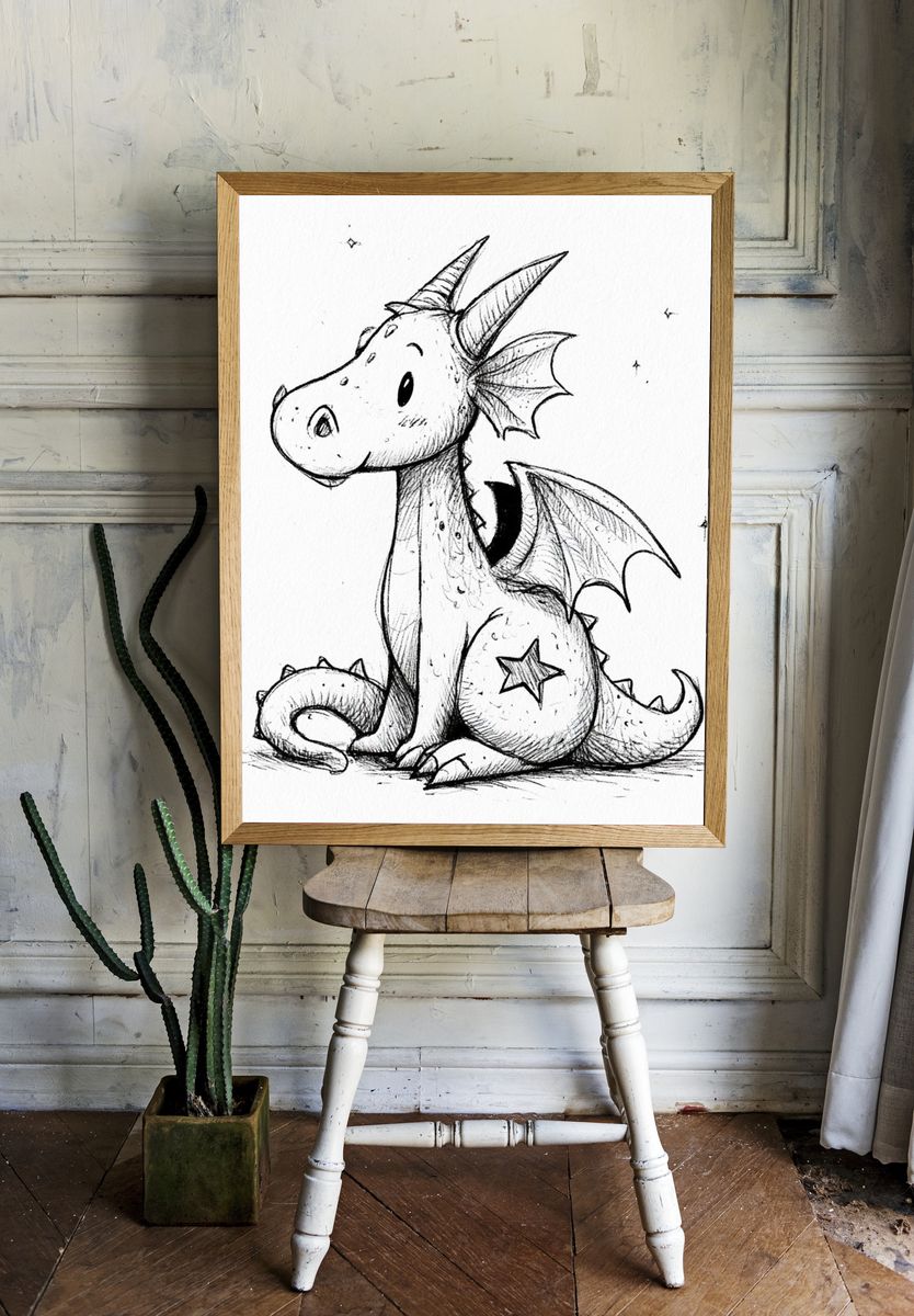 Cute Baby Dragon Ink Print. — room view 1