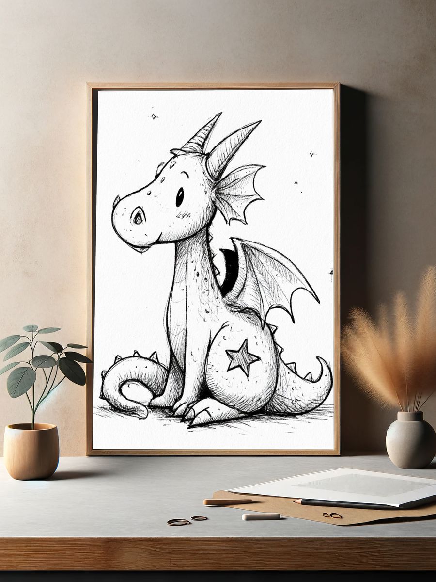 Cute Baby Dragon Ink Print. — room view 2