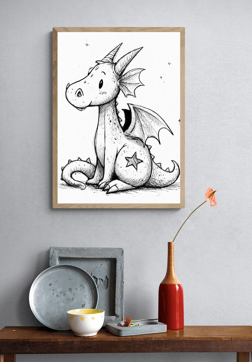 Cute Baby Dragon Ink Print. — room view 3