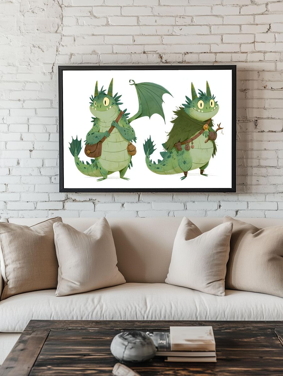 Cute Dragon Twins Illustration Poster. — room view 1