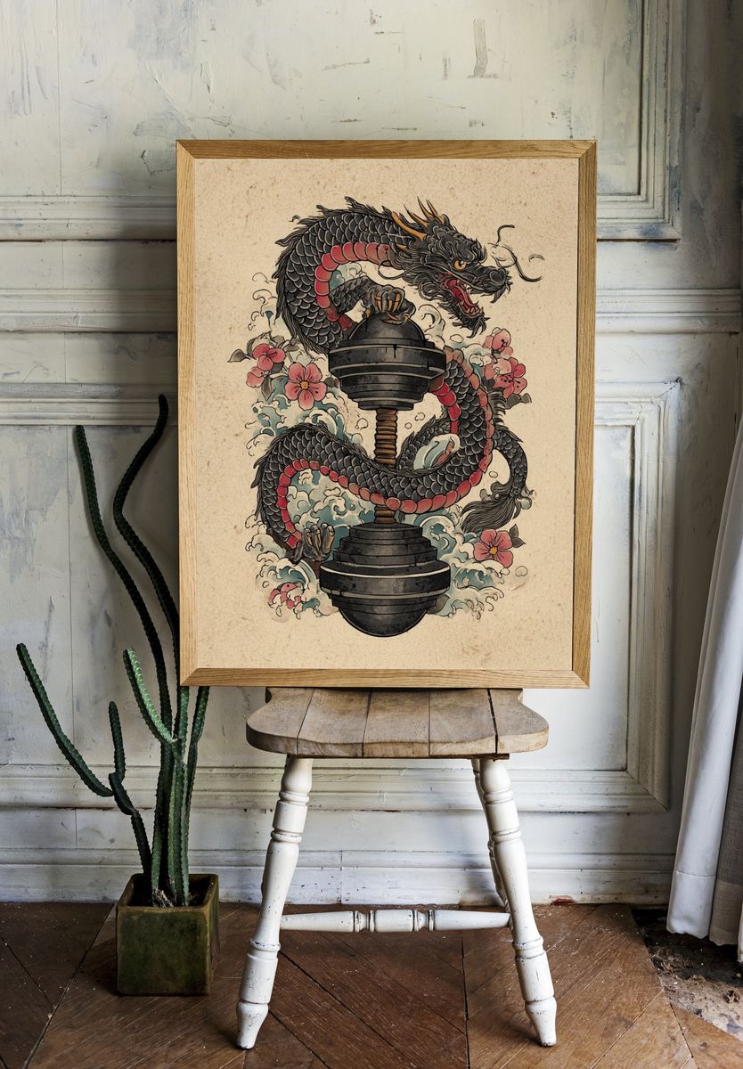 Dragon and Kettlebell Illustration Poster room preview