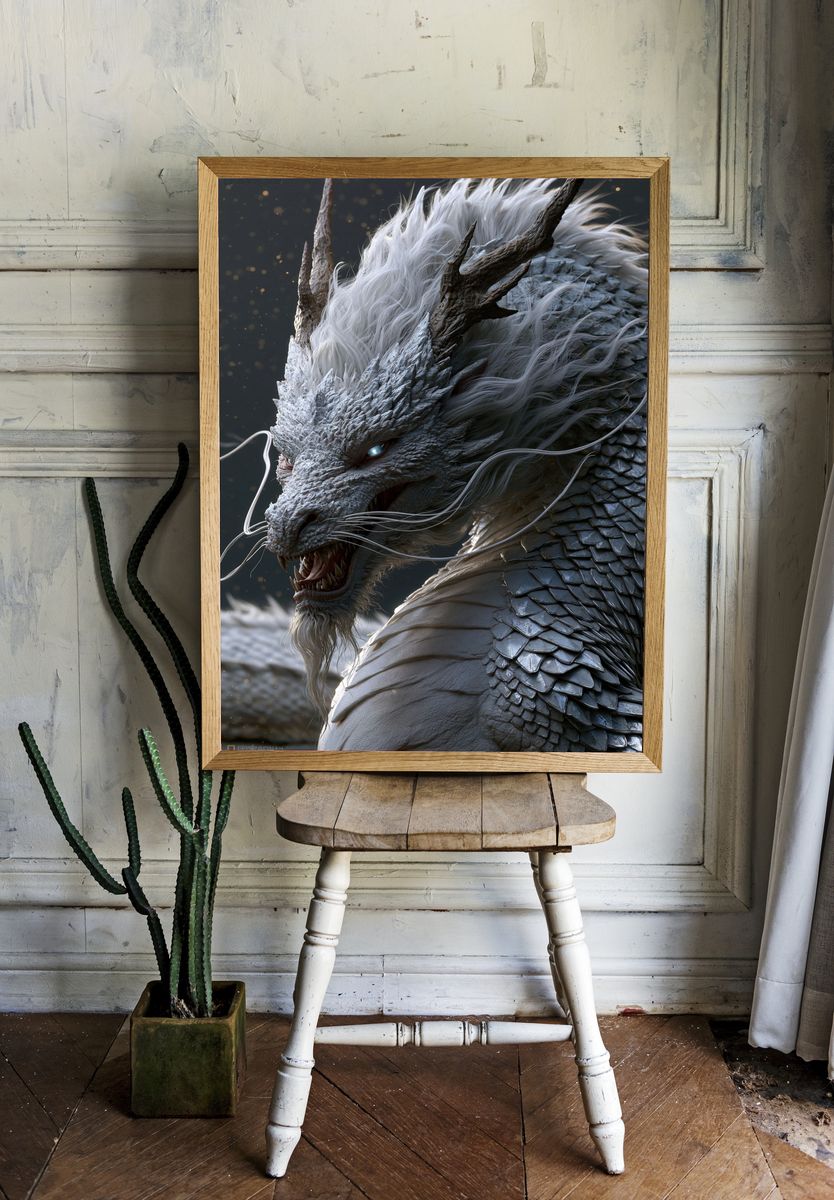 White Dragon Fantasy Illustration Poster. room preview