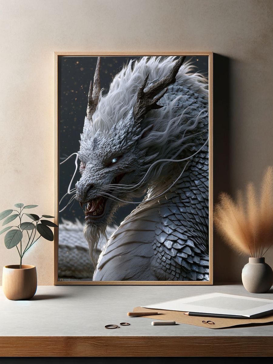 White Dragon Fantasy Illustration Poster. — room view 2