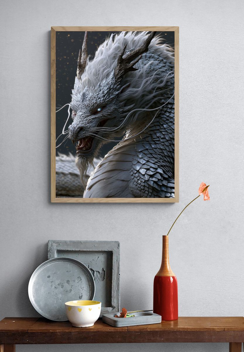 White Dragon Fantasy Illustration Poster. — room view 3