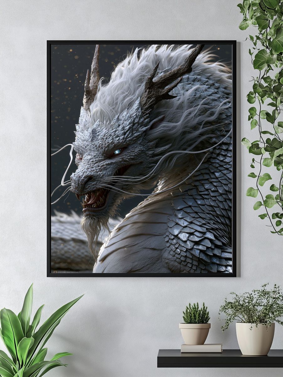 White Dragon Fantasy Illustration Poster. — room view 4