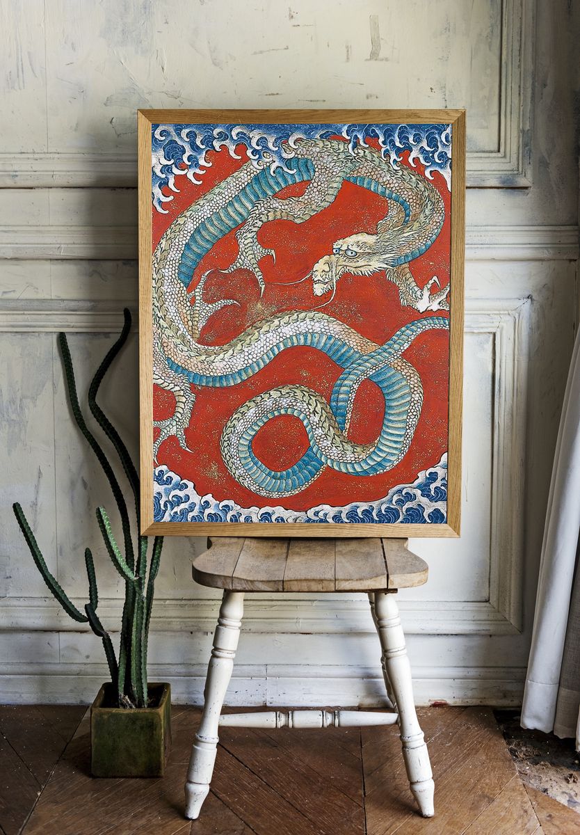 Dragon and Waves — Asian Art Print. room preview