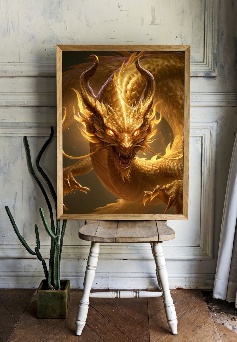 Golden Dragon Fantasy Print. room preview