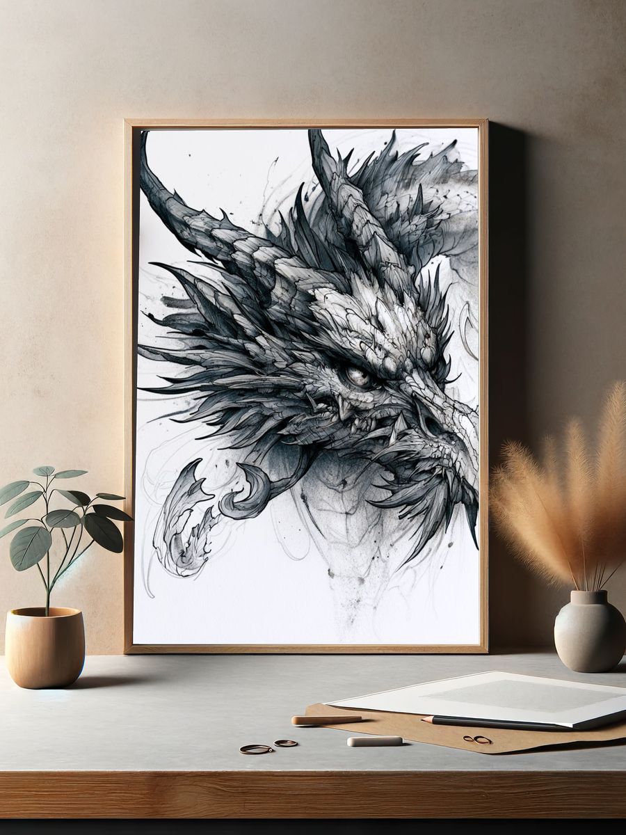 Dragon Head Ink Illustration Poster. — room view 2
