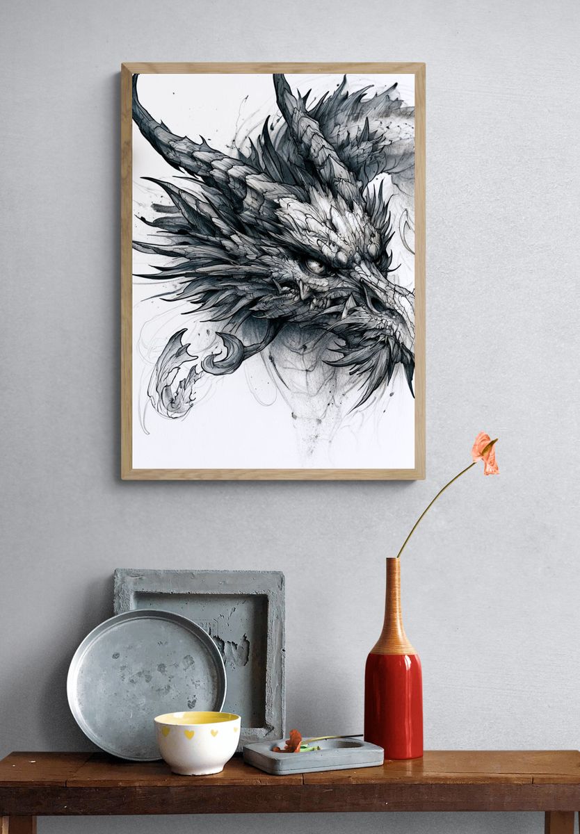 Dragon Head Ink Illustration Poster. — room view 3
