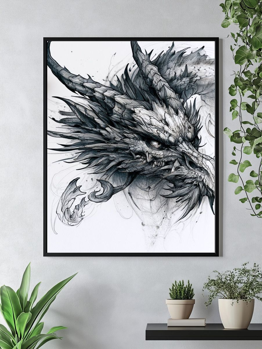 Dragon Head Ink Illustration Poster. — room view 4