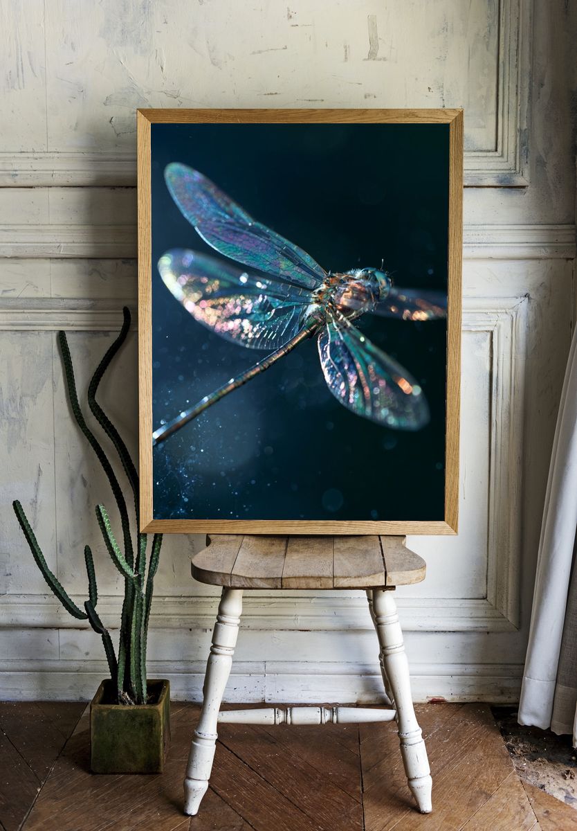 Iridescent Dragonfly Photography Poster. — room view 1