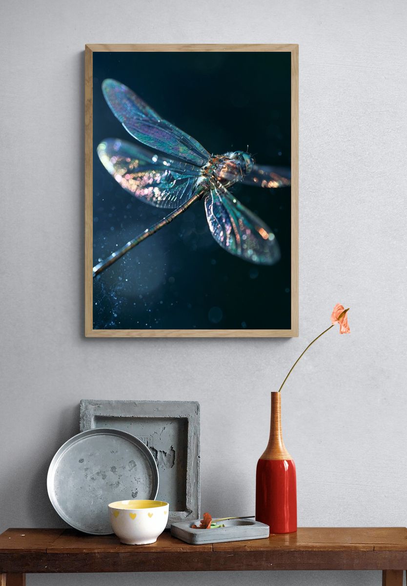 Iridescent Dragonfly Photography Poster. — room view 3