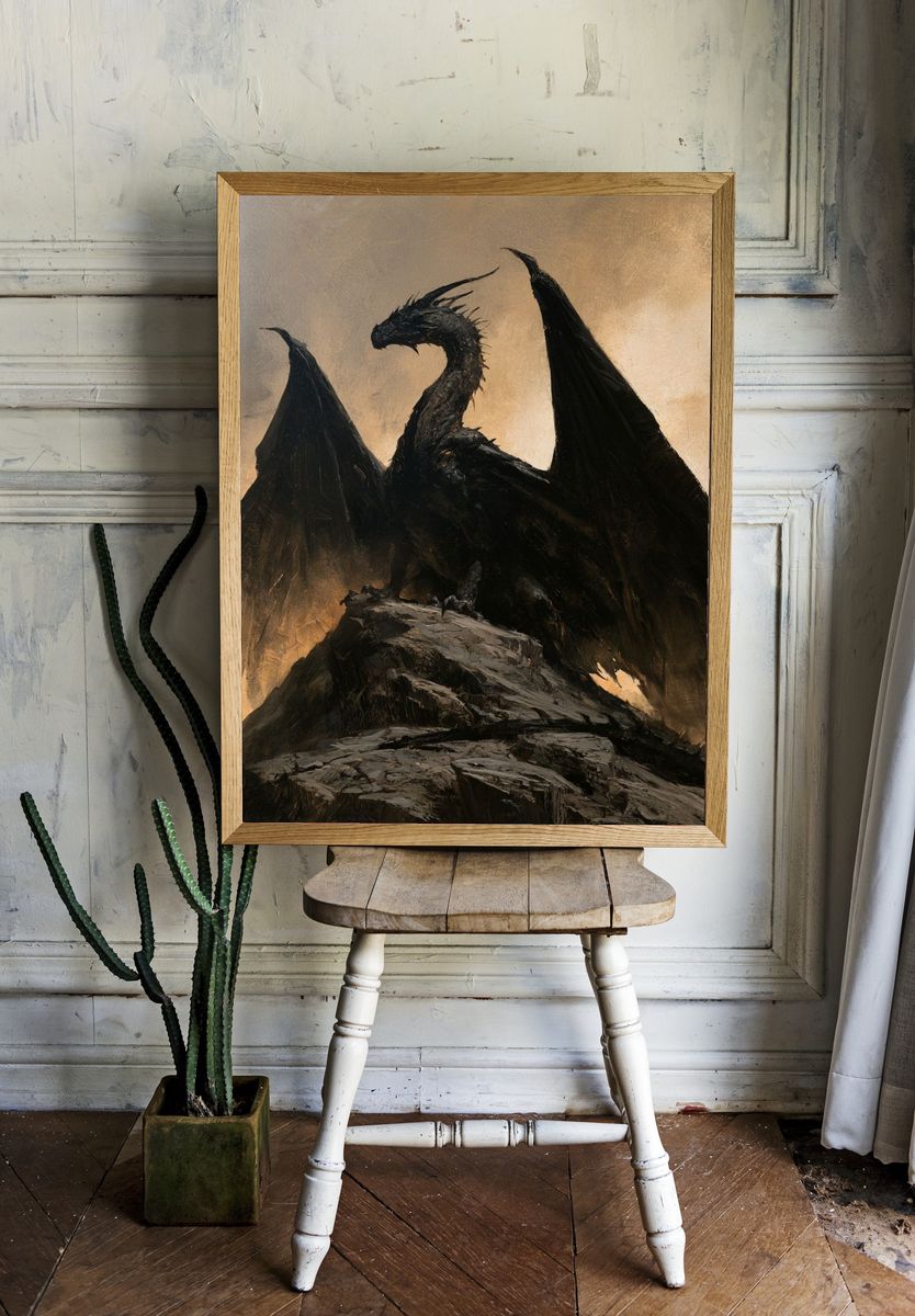 Dark Dragon on Rock Poster. room preview