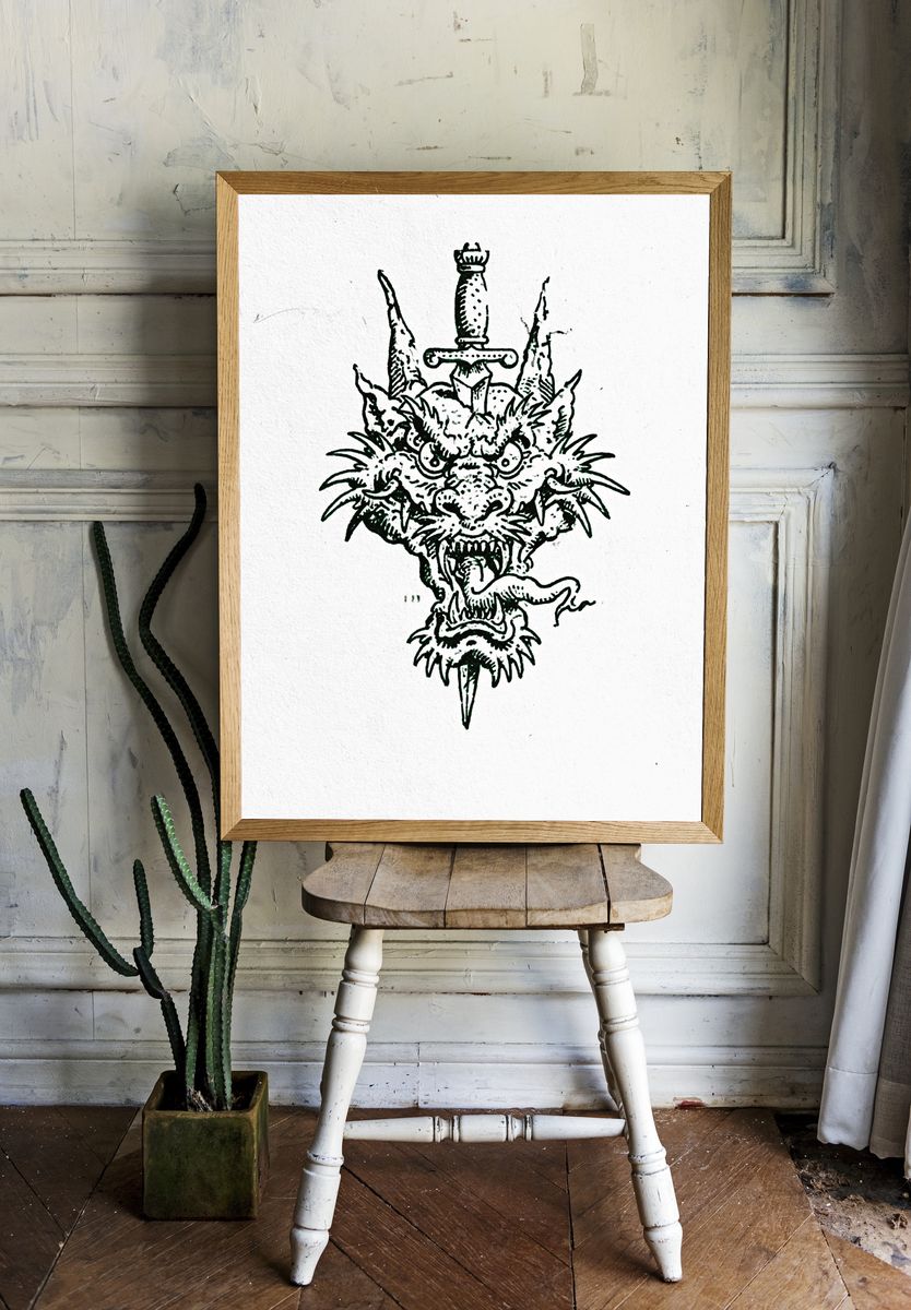 Dragon Sword Ink Print. room preview