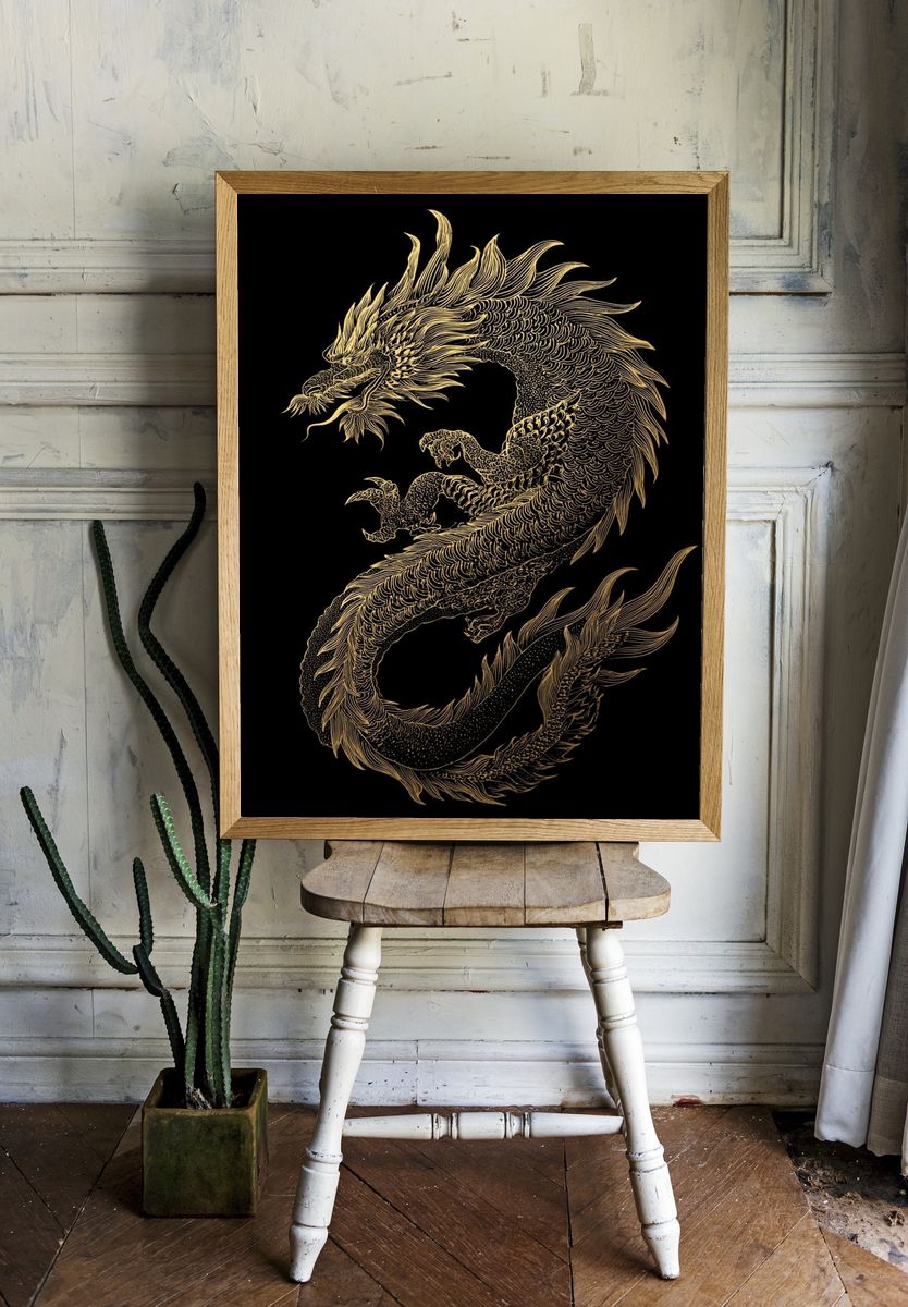 Golden Dragon Ink Poster. room preview