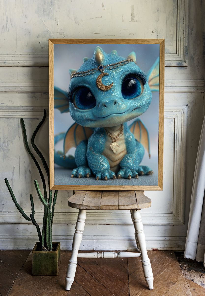 Cute Blue Dragon — Illustration Print. room preview