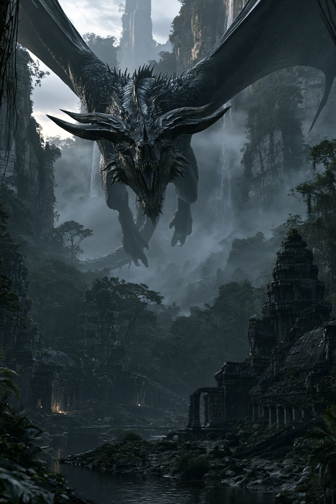 Dragon Over Misty Ruins Poster. poster — illustration art