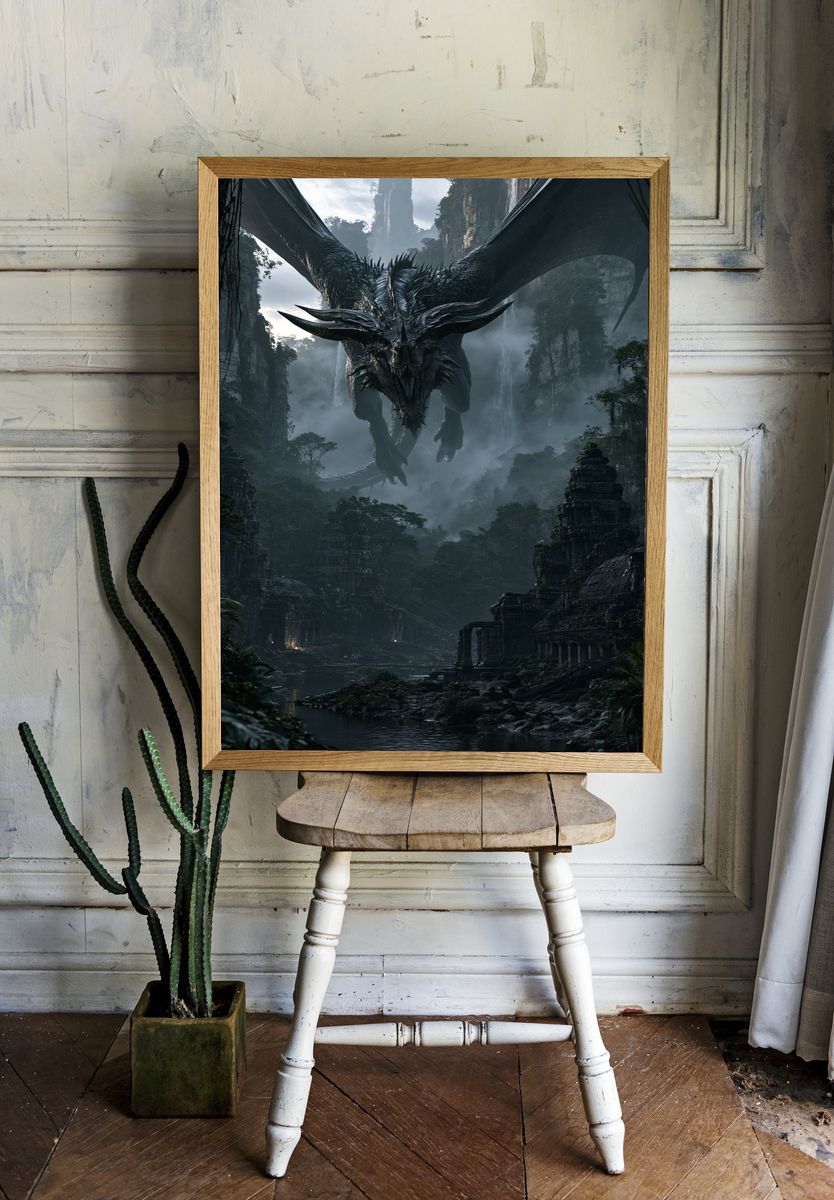 Dragon Over Misty Ruins Poster. — room view 1