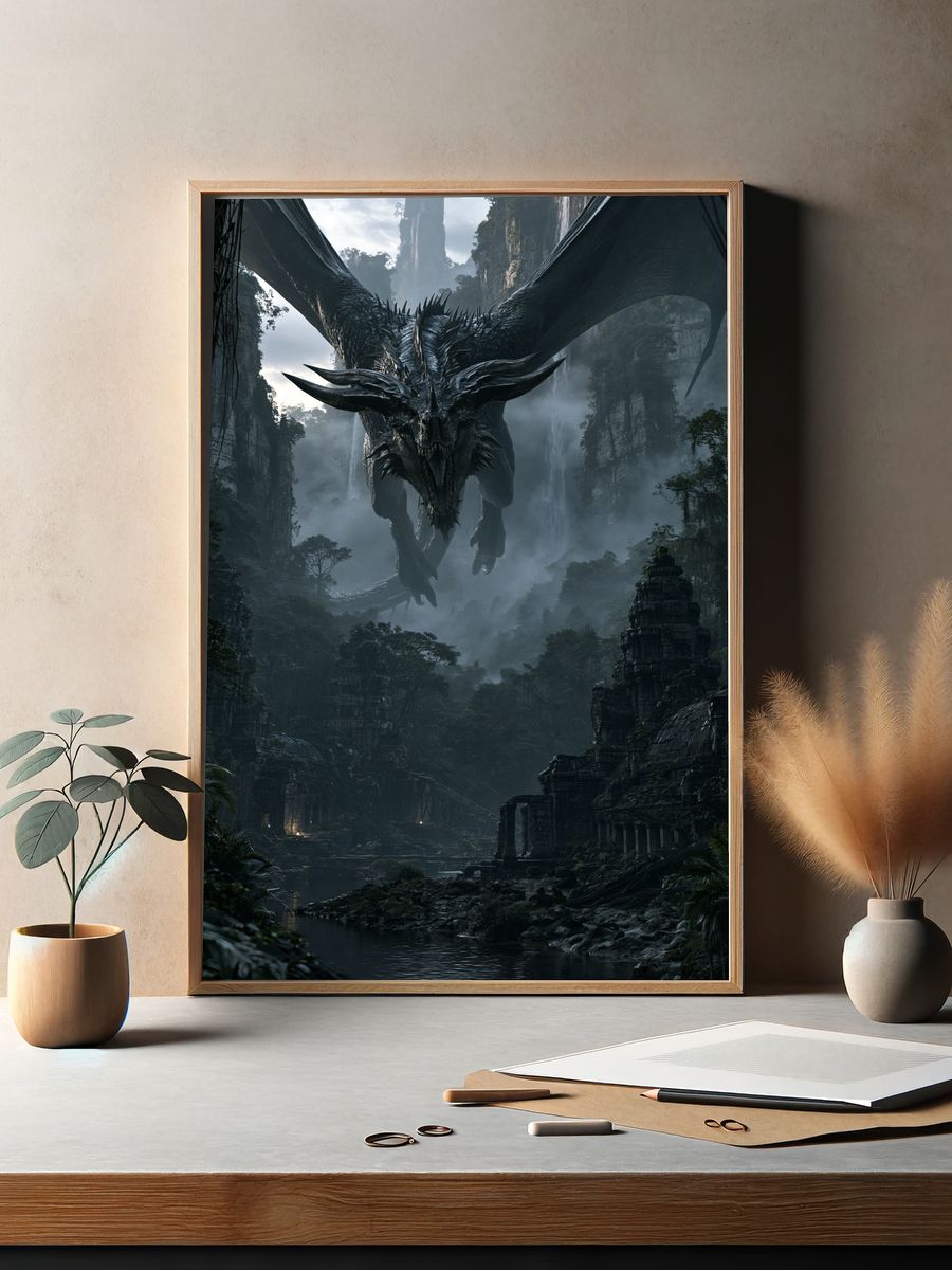 Dragon Over Misty Ruins Poster. — room view 2