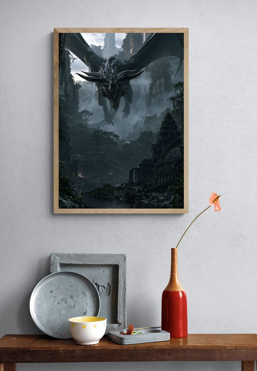 Dragon Over Misty Ruins Poster. — room view 3