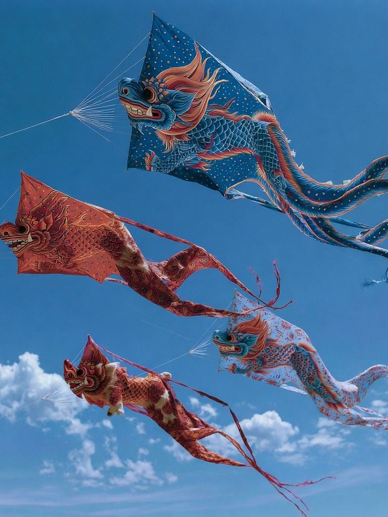 Dragon Kites in Blue Sky Poster. poster detail