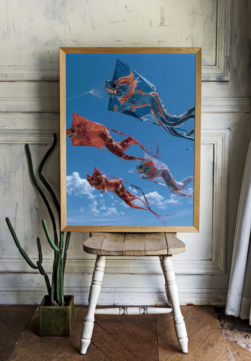 Dragon Kites in Blue Sky Poster. room preview