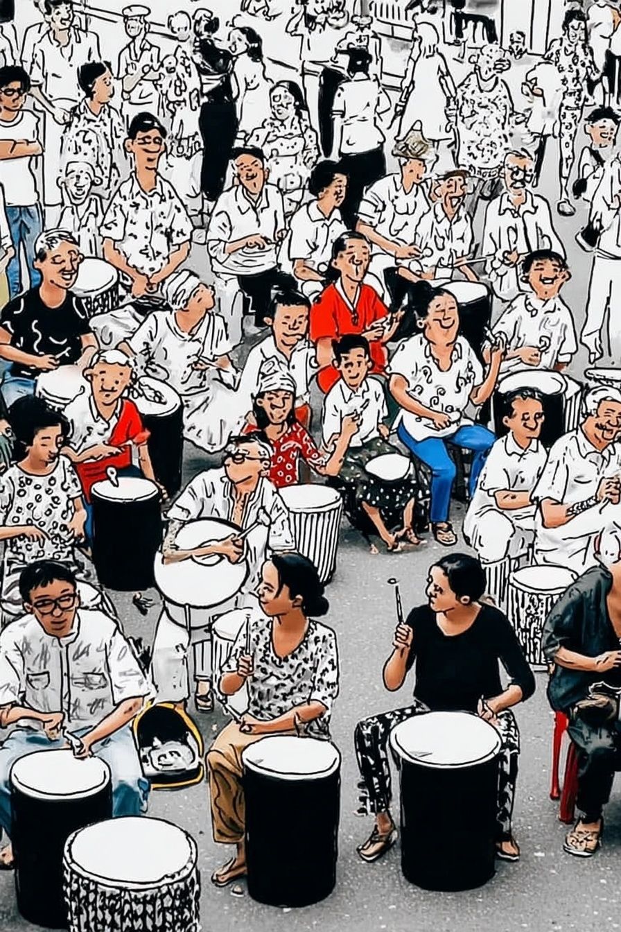 Community Drumming Celebration — Illustration Print. poster — illustration art