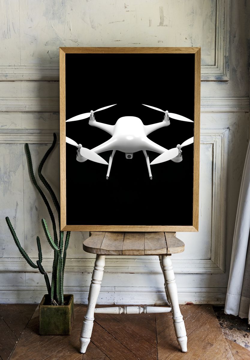 White Drone on Black Background Poster. — room view 1