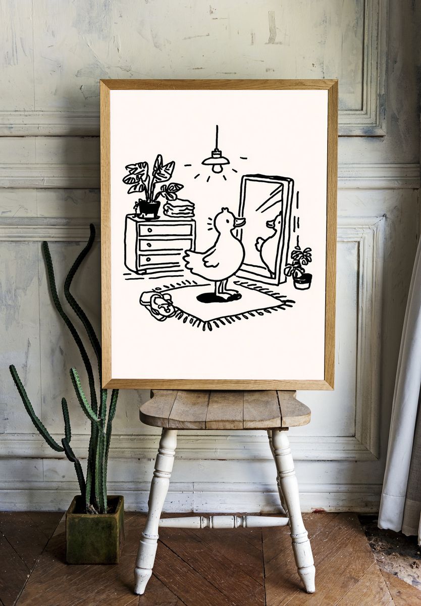 Duck in Front of Mirror — Illustration Print. room preview