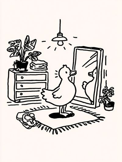 Duck in Front of Mirror — Illustration Print. poster