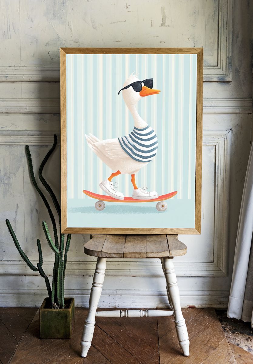 Cool Skateboarding Duck — Illustration Print. room preview