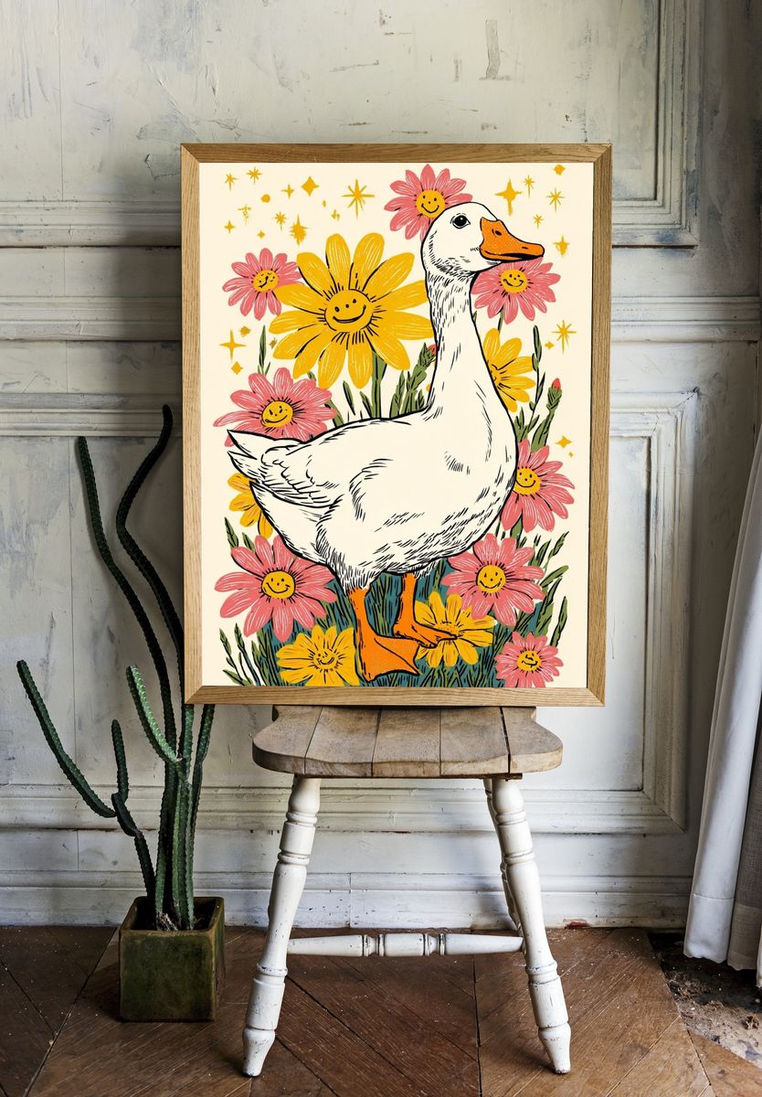 Happy Duck with Flowers — Illustration Print room preview