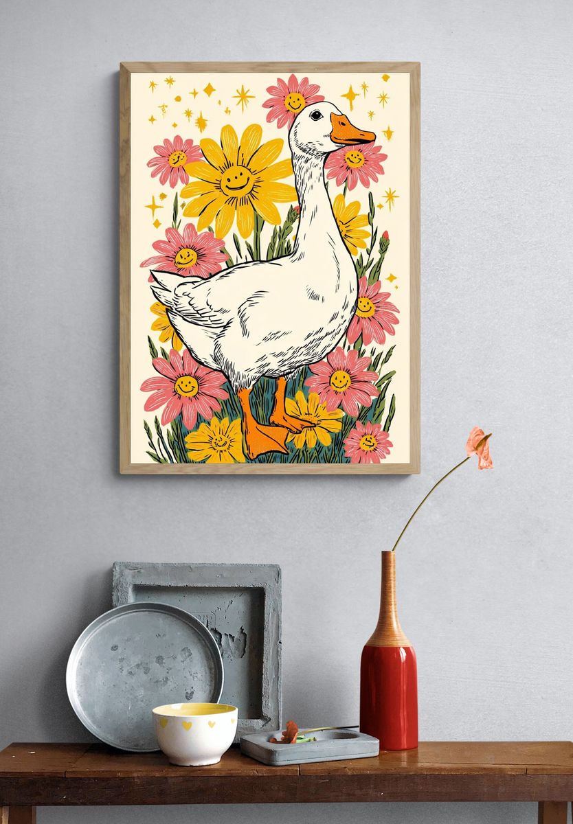 Happy Duck with Flowers — Illustration Print. — room view 3