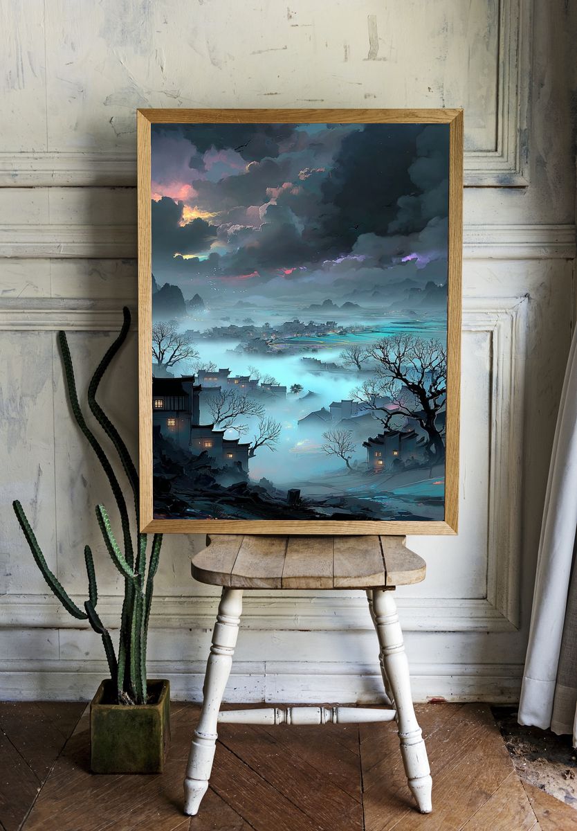 Misty Village at Dusk — Digital Art Print room preview