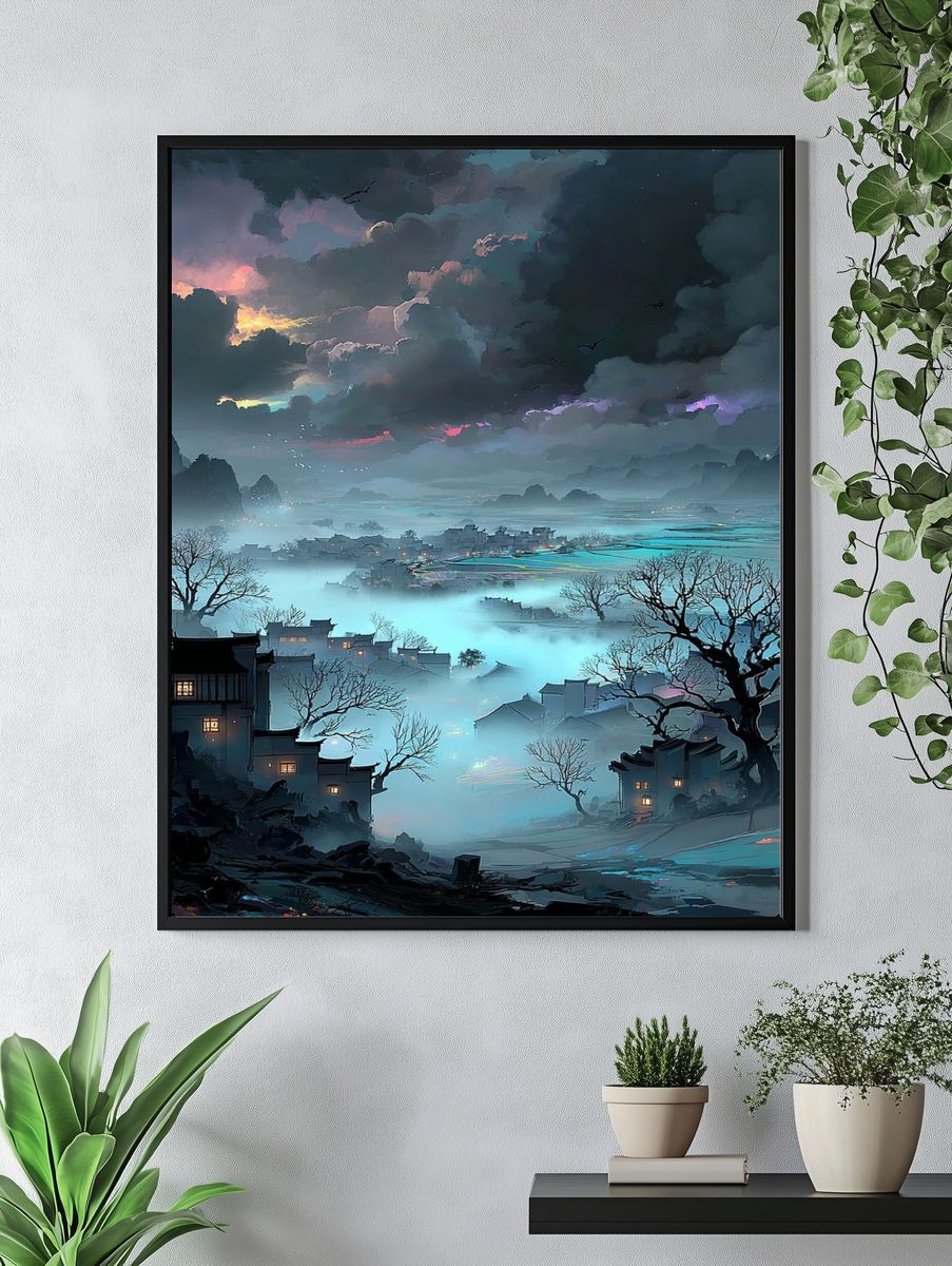Misty Village at Dusk — Digital Art Print. — room view 4