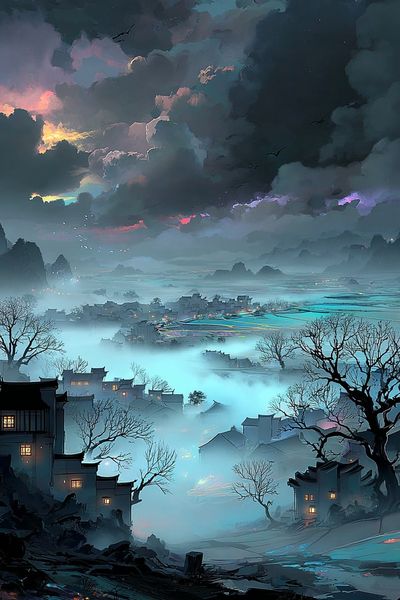 Misty Village at Dusk — Digital Art Print. poster print