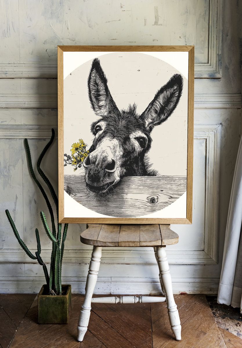Donkey with Flowers — Illustration Print. room preview