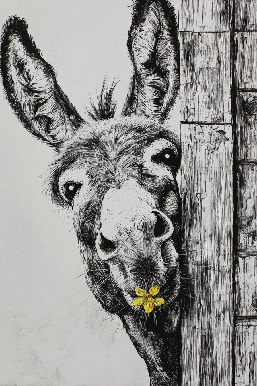 Donkey with Flower — Illustration Print. poster — animals art