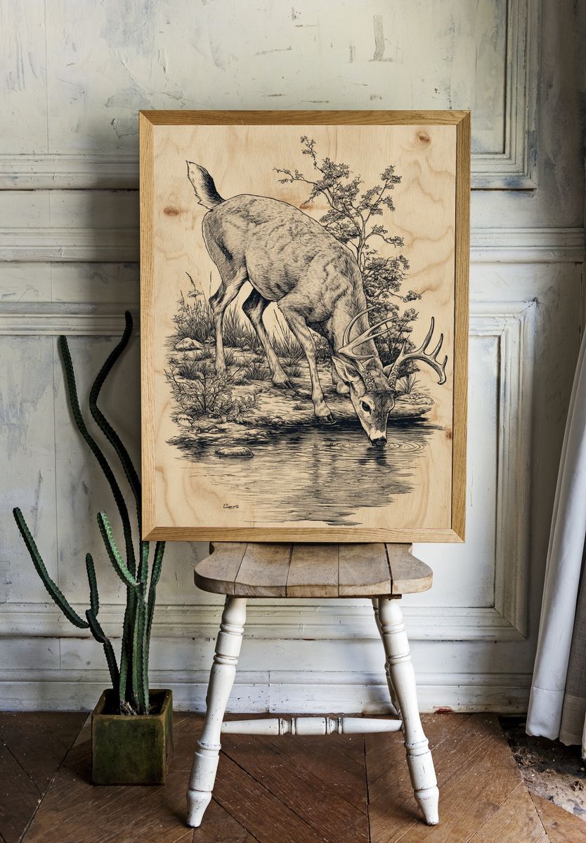 Deer Drinking Water — Illustration Print room preview