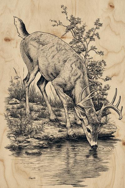 Deer Drinking Water — Illustration Print. poster