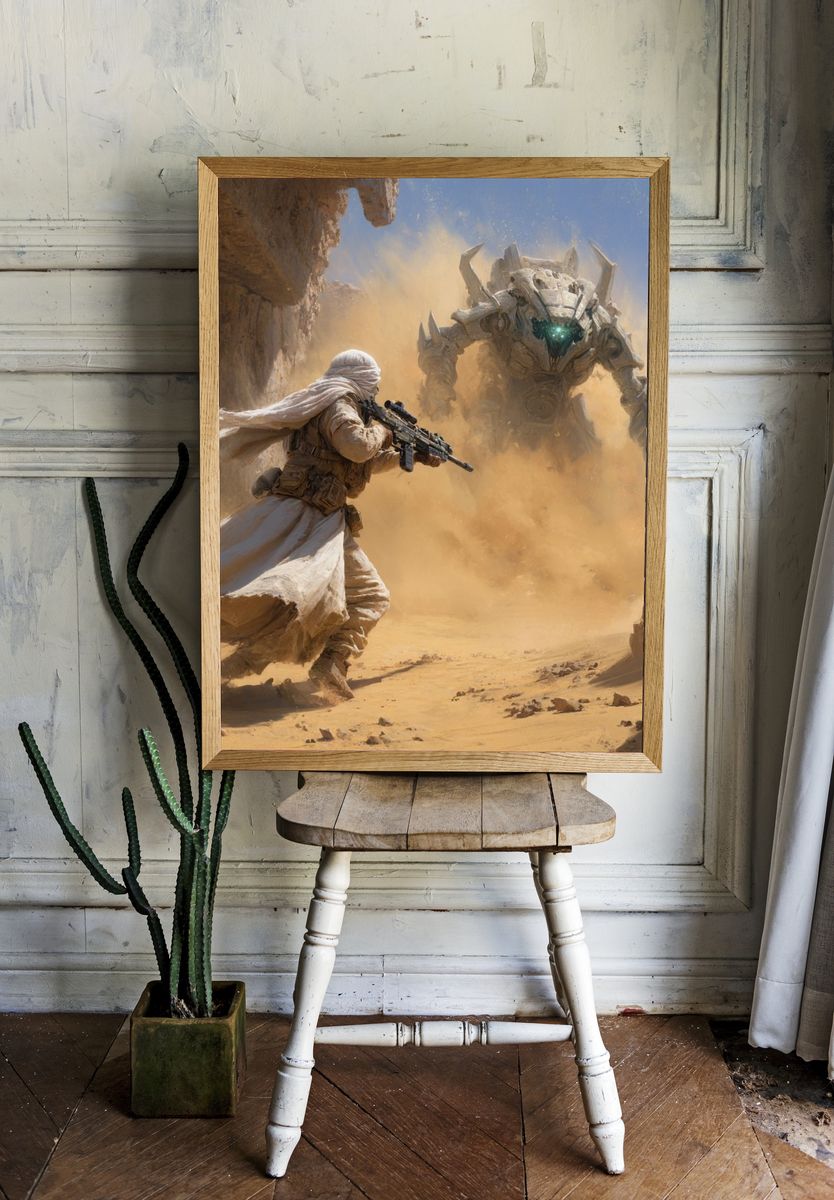 Desert Warrior vs. Mech — Sci-Fi Print room preview