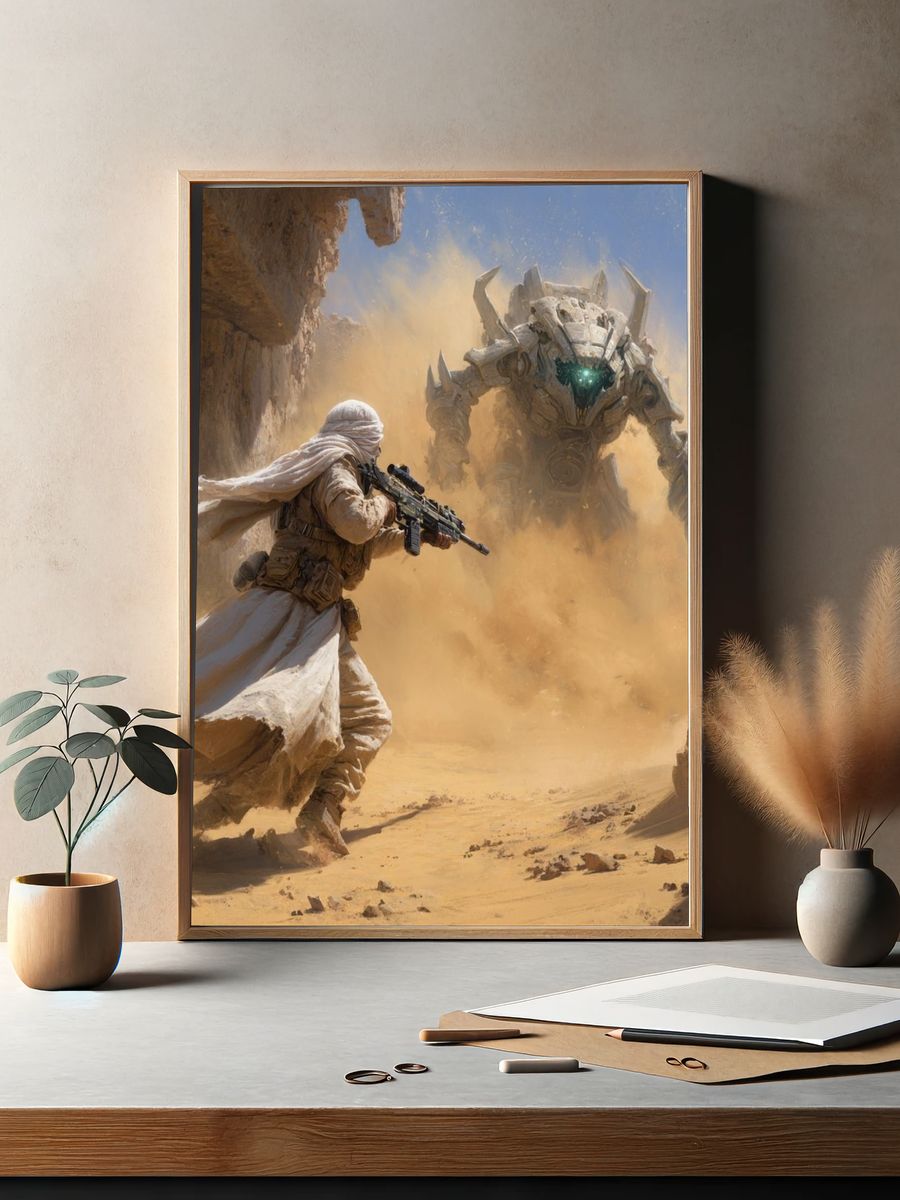 Desert Warrior vs. Mech — Sci-Fi Print. — room view 2