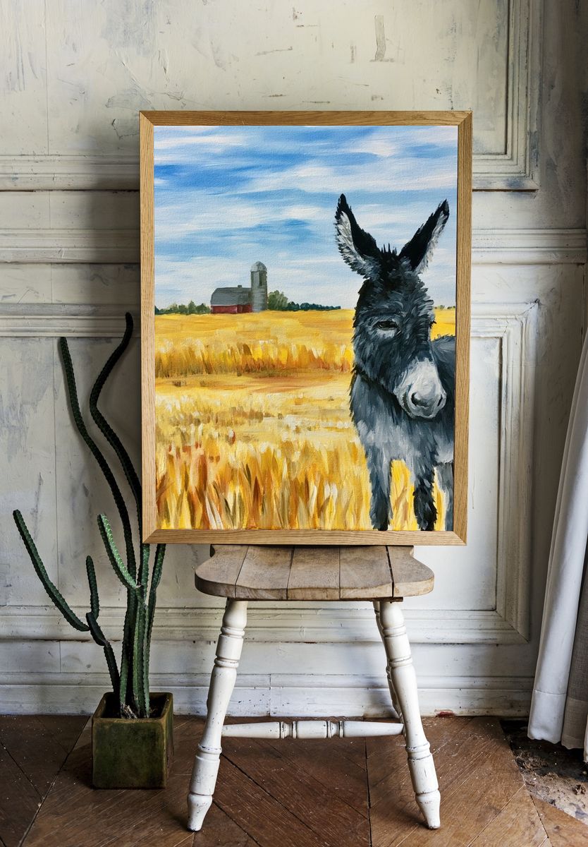Donkey in Wheat Field Illustration Poster. room preview