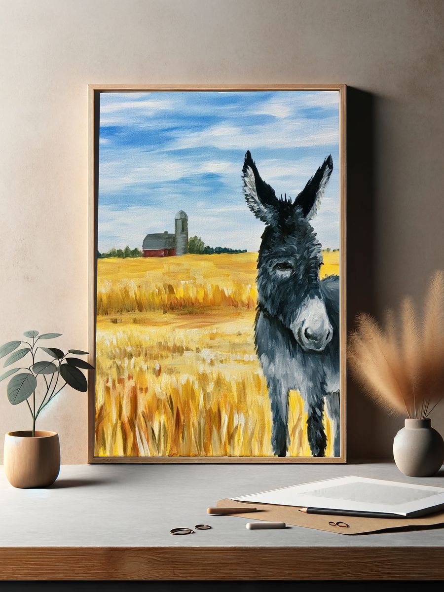 Donkey in Wheat Field Illustration Poster. — room view 2