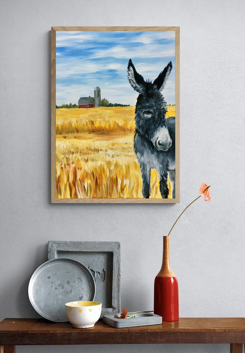 Donkey in Wheat Field Illustration Poster. — room view 3