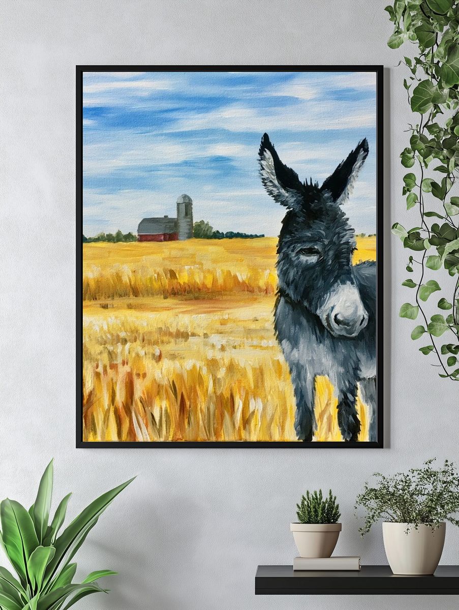 Donkey in Wheat Field Illustration Poster. — room view 4