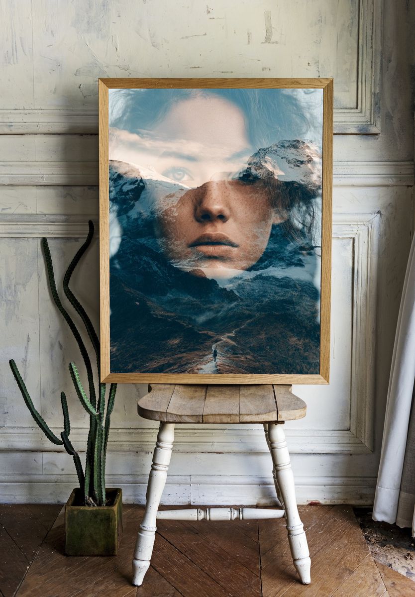 Mountain Double Exposure Portrait Print. room preview