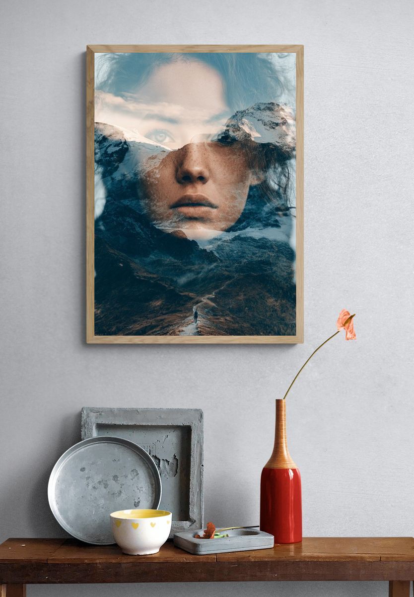 Mountain Double Exposure Portrait Print. — room view 3