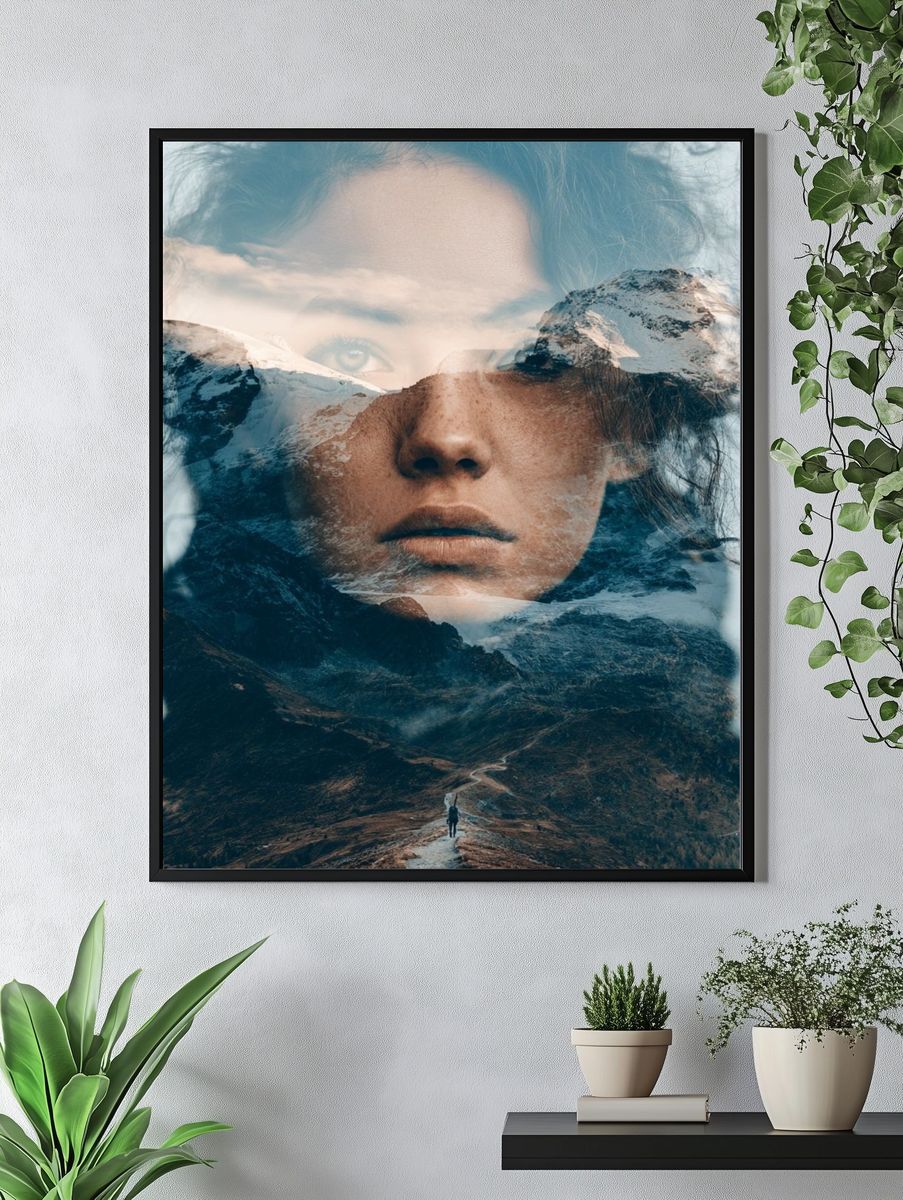 Mountain Double Exposure Portrait Print. — room view 4