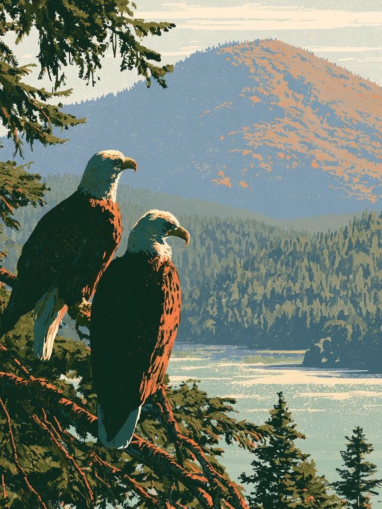 Eagle Over Mountain Lake Print. poster — animals art